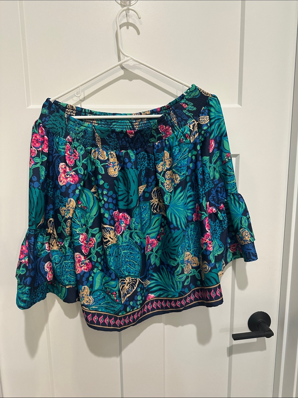 Lilly Pulitzer Teal & Navy Floral Off-Shoulder Tunic with Pink Accents